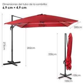 Sombrilla de patio 300 cm con manivela, 3 inclinaciones, rotación 360°, 8 varillas, rojo vino