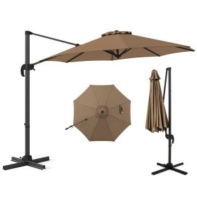 Sombrilla redonda para patio exterior 294 x 247 cm colgante giratoria 360° base cruzada 5 inclinaciones marrón