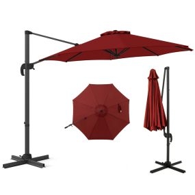 Sombrilla colgante redonda para patio exterior 294 x 247 cm roja vino con rotación 360° y 5 inclinaciones