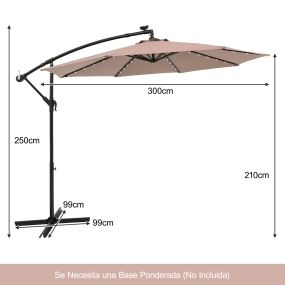Sombrilla colgante solar 300 cm con 40 luces LED, panel ajustable y base cruzada de hierro marrón