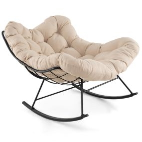 Silla Mecedora para Interior y Exterior con Cojín Acolchado Silla Mecedora con Estructura Metálica Carga 205 kg para Patio Jardín Beige