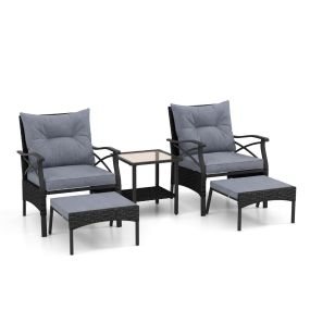 Juego de Muebles de Mimbre de 5 Piezas con Otomanas Cojines Mesa Auxiliar de Vidrio Templado de 2 Niveles para Jardín Porche Negro y Gris Oscuro