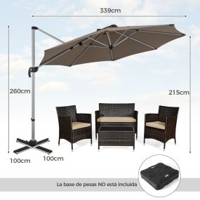 Sombrilla redonda de aluminio 339 cm con rotación 360° e inclinación ajustable marrón