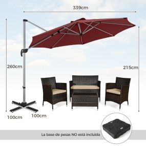 Sombrilla redonda de aluminio 339 cm con rotación 360° e inclinación ajustable roja