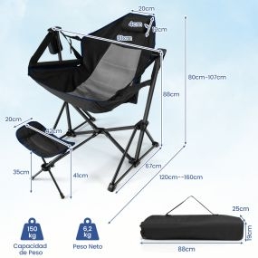 Silla de camping plegable portátil para exteriores con respaldo y reposapiés ajustables negro