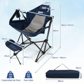 Silla de camping plegable portátil para exteriores con respaldo y reposapiés ajustables azul marino