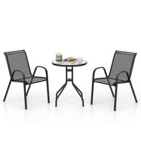 Juego de Muebles Bistró 3 Piezas 2 Sillas Apilables 1 Mesa Auxiliar de Vidrio Templado Tela Transpirable Jardín Balcón Terraza Patio Negro