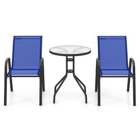 Juego de Muebles Bistró de 3 Piezas 2 Sillas Textilene y 1 Mesa de Cristal Templado Set de Conversación para Patio Azul