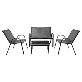Conjunto Jardín Exterior de 4 Piezas Mesa de Café de Cristal Templado Banco y 2 Sillas Individuales Tela Textilene Mesa y Sillas Gris