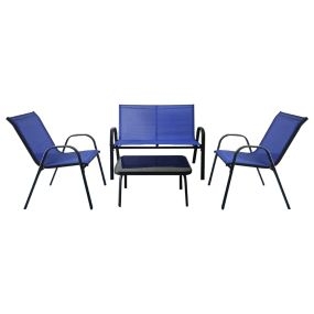 Conjunto Jardín Exterior de 4 Piezas Mesa de Café de Cristal Templado Banco y 2 Sillas Individuales Tela Textilene Mesa y Sillas Azul