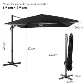 Sombrilla de patio 300 cm con manivela, 3 inclinaciones, rotación 360°, 8 varillas, base cruzada, negro