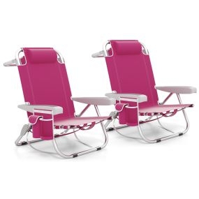 Sillas de Camping Portátil Plegable de 5 Posiciones con Portavasos Bolsillos Almohada para la Cabeza-Rosa-Juego de 2