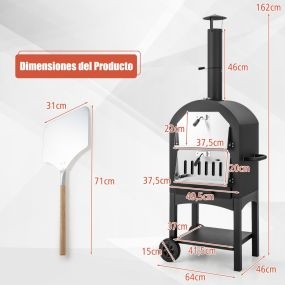 Horno de pizza portátil con termómetro incorporado, manija, ruedas, cubierta impermeable y cajón de cenizas