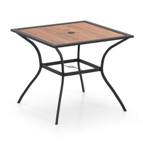 Mesa de comedor para patio para 4 personas, bistro cuadrada con agujero ajustable para sombrilla y tablero de imitación de madera