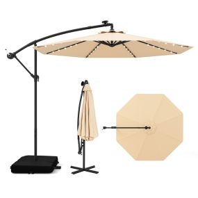 3m Sombrilla con Manivela 32 Luces LED Panel Solar Parasol Base Saco de Arena Toldo Impermeable para Playa Patio Jardín Piscina Beige