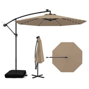 3m Sombrilla con Manivela 32 Luces LED Panel Solar Parasol Base Saco de Arena Toldo Impermeable para Playa Patio Jardín Piscina Café