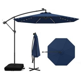 Sombrilla 3 m con manivela y 32 luces LED, panel solar, azul oscuro