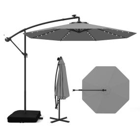 3m Sombrilla con Manivela 32 Luces LED Panel Solar Parasol Base Saco de Arena Toldo Impermeable para Playa Patio Jardín Piscina Gris Oscuro