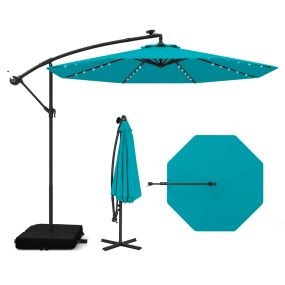 Sombrilla 3 m con manivela, 32 luces LED, panel solar, base saco de arena, impermeable, turquesa