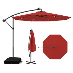 Sombrilla 3 m con manivela, 32 luces LED, panel solar, base saco de arena, rojo vino