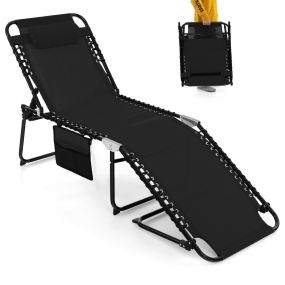 Tumbona Plegable Silla Reclinable con Reposacabezas Removible Respaldo Regulable en 4 Posiciones para Camping 189 x 59 x 40 cm Negro