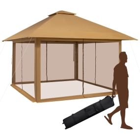 Pabellón plegable con 4 laterales de malla, altura ajustable y bolsa de transporte, 400 x 400 cm, café