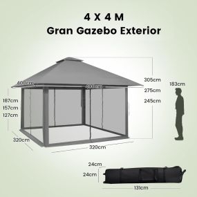 Carpa plegable 4 x 4 m con cremallera, doble techo ventilado, altura ajustable, gris