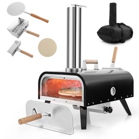 Horno de pizza portátil con termómetro y piedra para pizza de 30 cm, 75 x 42 x 70 cm, plata