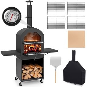 Horno para pizza exterior con ruedas, piedra, pala, 2 parrillas, termómetro y estantes laterales negros