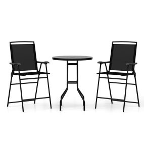 Juego de Muebles de Bistró 3 Piezas 2 Taburetes de Bar Plegables con Mesa Orificio para Sombrilla y Reposapiés para Exterior Patio Negro
