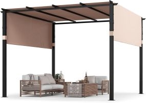 Pérgola con parte superior plana 305 x 305 cm con toldo retráctil beige para exterior