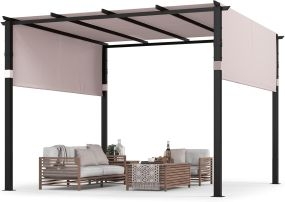 Pérgola de techo plano 305 x 305 cm con toldo retráctil gris para exterior piscina porche