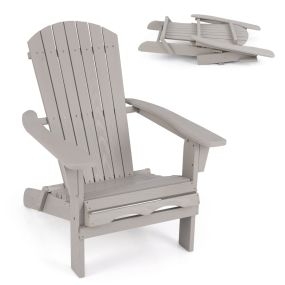 Juego de 1 Sillas Plegables de Madera con Respaldo y Reposabrazos Carga 180 Kg Sillón Adirondack para Exterior Césped Patio Gris