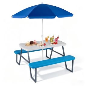 Mesa de Picnic Infantil con 2 Bancos Integrados y Sombrilla Ajustable Extraíble Estructura Metálica para 4 Niños Jardín Porche Patio Azul