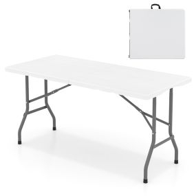 Mesa Plegable de Plástico 152cm con Superficie HDPE Estructura Metálica Asa Transporte para 4-6 Personas Camping BBQ Blanco