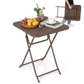 Mesa plegable cuadrada de 60 cm de plástico HDPE con superficie texturizada y marco metálico café
