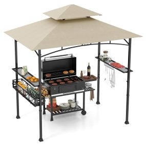 Gazebo 242 x 153 cm con 2 estantes laterales, cesta, ganchos y abridor de botellas, metal, beige