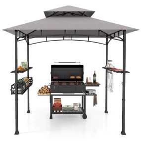 Gazebo 242 x 153 cm con 2 estantes laterales, cesta, ganchos y abridor de botellas, metal, gris para jardín y patio