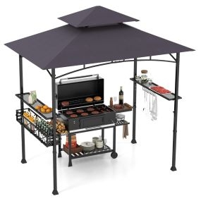 Gazebo 242 x 153 cm con 2 estantes laterales, cesta, ganchos y abridor de botellas, metal, gris oscuro