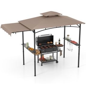 Gazebo para barbacoa 318 x 153 cm con parrilla, toldo lateral, techo de 2 niveles, 2 estantes, metal marrón