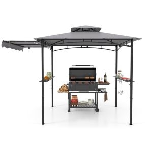 Gazebo para Barbacoa con Parrilla de 318 x 153 cm Toldo Lateral Parte Superior de 2 Niveles 2 Estantes Laterales Marco de Metal Gris