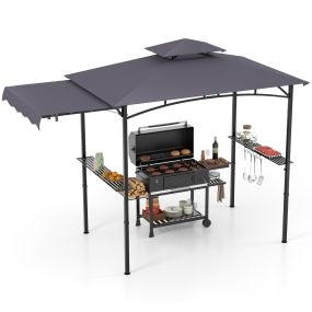 Gazebo para barbacoa 318 x 153 cm con parrilla, toldo lateral, 2 niveles, 2 estantes, metal gris oscuro