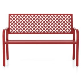 Banco de Jardín de 127 cm para Patio Silla de Metal para 2 Personas con Respaldo Hueco Asiento de Listones Brazos para Porche Rojo