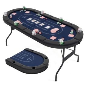 Mesa de póker plegable 182 cm para 8 jugadores ovalada portátil azul con portavasos y barandillas acolchadas