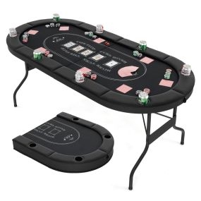 Mesa de póker plegable ovalada de 182 cm para 8 jugadores con portavasos y barandillas acolchadas negra