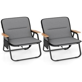 Juego de 2 Sillas de Camping Plegables Silla de Césped Portátil para Adultos con Cojín Desmontable Bolsillo Lateral Soporta 150 kg Gris