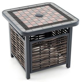 Mesa Lateral de Ratán PE con Tablero de Resina Agujero para Sombrilla Estructura de Metal 55 x 55 x 50 cm Negro y Marrón