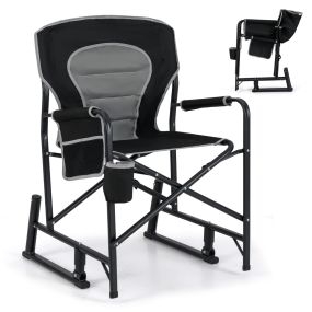 Silla mecedora de camping plegable para adultos con 2 resortes, respaldo acolchado, apoyabrazos y portavasos, negro