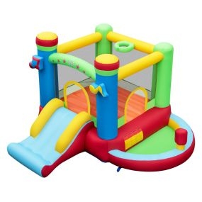 Castillo inflable para niños con tema musical, resbaladilla, área de salto, aro de baloncesto, piscina de pelotas y área de boxeo para jardín