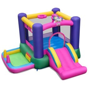 Casa inflable 6 en 1 para niños con resbaladilla, piscina de pelotas, área de salto y aro de baloncesto